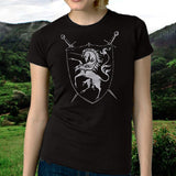-High Quality, Professionally Screen Printed, 100% Pre-Shrunk Cotton Tee. Available in mens/unisex and women's styles, black or navy with rearing/rampant unicorn shield and crossed swords heraldry / house crest. Printed in and shipped from the USA. fantasy thrones game medieval renaissance ren-faire cheap free shipping-
