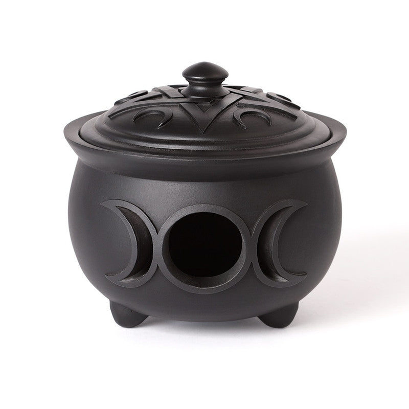 -Ceridwen's vessel of rebirth, transformation & inspiration. By the power of three, so mote it be. Premium quality resin cauldron pot with pentacle triple moon cutout and pentagram lid. Perfect for use as a trinket dish or tealight candle holder. Ships from USA. witch witches wicca goddess halloween gothic home decor-