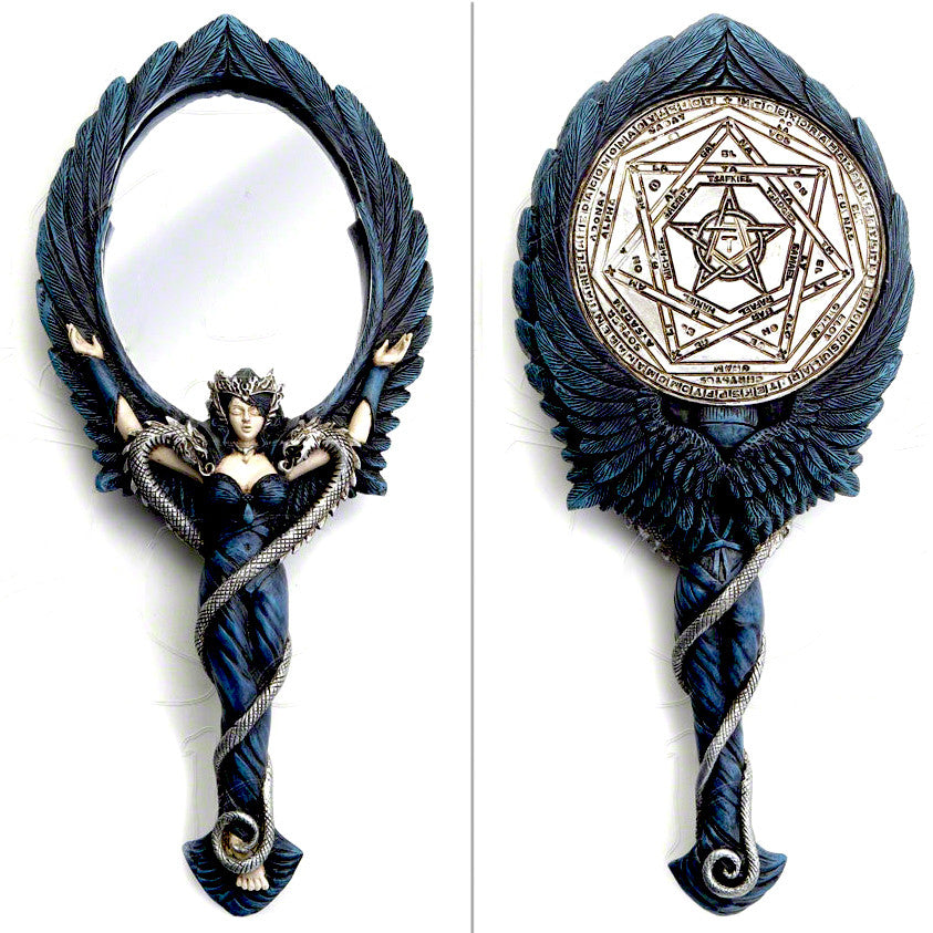 Alchemy Gothic Black Angel Hand Mirror-One of the most alluring of the high order of angels, invoked by the Sigilum Aemeth, Doctor John Dee's scrying stone. Hand Painted Resin. Brand New in box.-664427039595