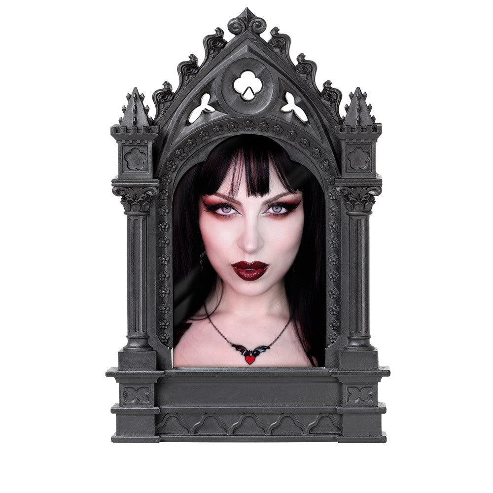 -Gothic cathedral inspired resin frame for both tabletop and wall hanging. 10.83x7.09in, fits 4x6in photo or print. Genuine Alchemy product, brand new in box. Ships from the USA Goth architecture grand medieval renaissance black church gothic home decor gift halloween dark architectural fancy classy designer art-