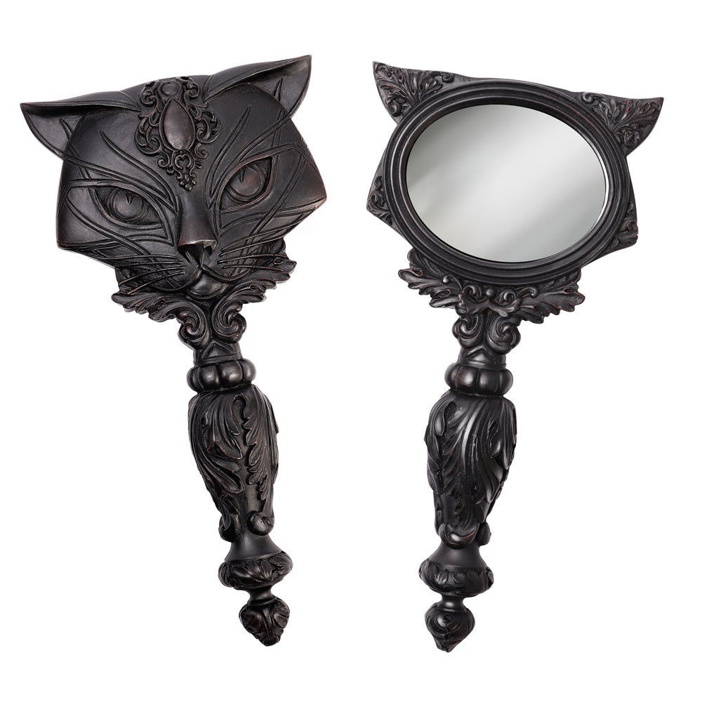 Black Cat Hand Mirror, Alchemy Gothic - UK Gothic Home Decor GIftware-Alchemy Gothic Vault Series Black Cat Hand Mirror,Gaze into the glass long enough and divine the feline prophesies of Ailouros, hearth spirit of the temple of Amun.Brand New in box. High quality poly resin with blackened bronze painted finish and glass mirror. Typically ships in 1-3 business days from within the US.-
