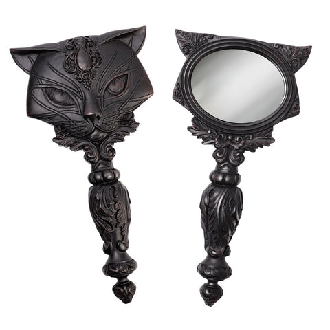 Black Cat Hand Mirror, Alchemy Gothic - UK Gothic Home Decor GIftware-Alchemy Gothic Vault Series Black Cat Hand Mirror,Gaze into the glass long enough and divine the feline prophesies of Ailouros, hearth spirit of the temple of Amun.Brand New in box. High quality poly resin with blackened bronze painted finish and glass mirror. Typically ships in 1-3 business days from within the US.-