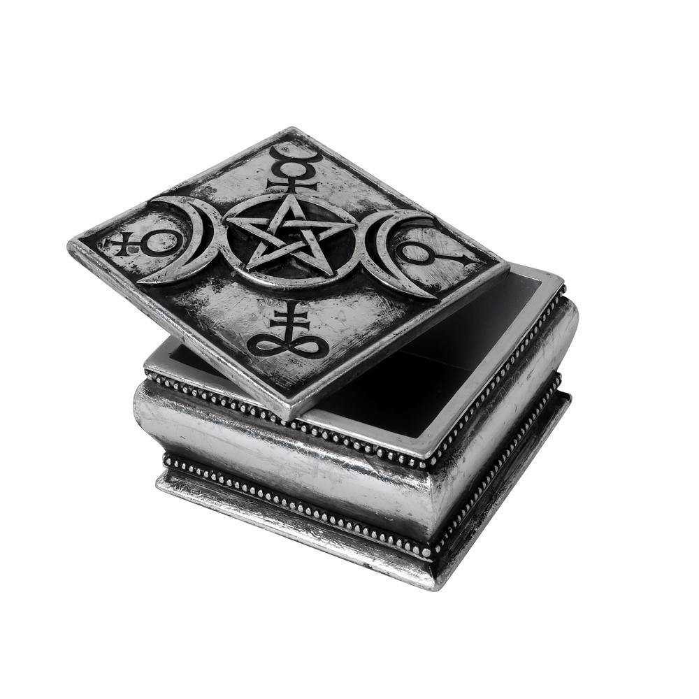 Triple Moon Spell Box, Alchemy Gothic Goddess Symbol Trinket Stash Box- Alchemy Gothic Triple Moon Spell Box A magical casket dedicated to the three aspects of the moon goddess: maiden, mother and crone. Drawing down the planetary influences of Mercury, Mars, Venus and the Earth beneath our feet, to enhance your spell craft for good or ill. High quality resin pentacle-centered goddess symbol stash box. Measures approximately 3.54x3.54 inches and 2.17 inches deep. This item typically ships in 1-2 business da