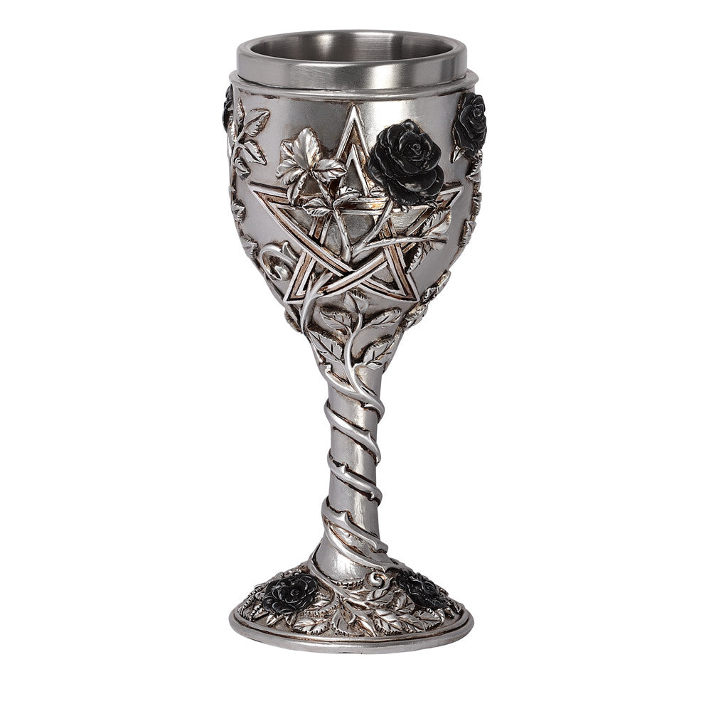 -High quality stainless steel and resin chalice. Vine wrapped stem and base with pentagram, black rose and handpainted antiqued metal finish. Ships from USA. Imported Alchemy of England UK stemware giftware Medieval renaissance faire stemmed wine glass mead drinking witches wicca wiccan decorative altar libation cup -