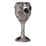 -High quality stainless steel and resin chalice. Vine wrapped stem and base with pentagram, black rose and handpainted antiqued metal finish. Ships from USA. Imported Alchemy of England UK stemware giftware Medieval renaissance faire stemmed wine glass mead drinking witches wicca wiccan decorative altar libation cup -