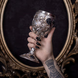 -High quality stainless steel and resin chalice. Vine wrapped stem and base with pentagram, black rose and handpainted antiqued metal finish. Ships from USA. Imported Alchemy of England UK stemware giftware Medieval renaissance faire stemmed wine glass mead drinking witches wicca wiccan decorative altar libation cup -