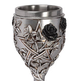 -High quality stainless steel and resin chalice. Vine wrapped stem and base with pentagram, black rose and handpainted antiqued metal finish. Ships from USA. Imported Alchemy of England UK stemware giftware Medieval renaissance faire stemmed wine glass mead drinking witches wicca wiccan decorative altar libation cup -