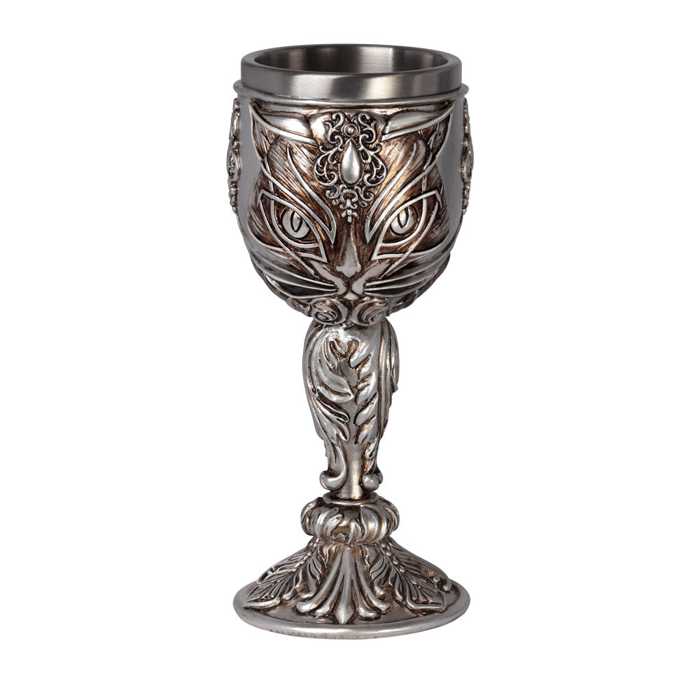 -A chalice to raise to feline divinity & the immutable power of cats. High quality stainless steel lined & rimmed cup. Cast resin hand painted antiqued metal finish. Ships from USA. Medieval renaissance faire stemmed wine glass mead drinking kitty bast bastet pagan egyptian wicca wiccan decorative altar libation cup -