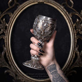 -A chalice to raise to feline divinity & the immutable power of cats. High quality stainless steel lined & rimmed cup. Cast resin hand painted antiqued metal finish. Ships from USA. Medieval renaissance faire stemmed wine glass mead drinking kitty bast bastet pagan egyptian wicca wiccan decorative altar libation cup -