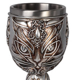 -A chalice to raise to feline divinity & the immutable power of cats. High quality stainless steel lined & rimmed cup. Cast resin hand painted antiqued metal finish. Ships from USA. Medieval renaissance faire stemmed wine glass mead drinking kitty bast bastet pagan egyptian wicca wiccan decorative altar libation cup -