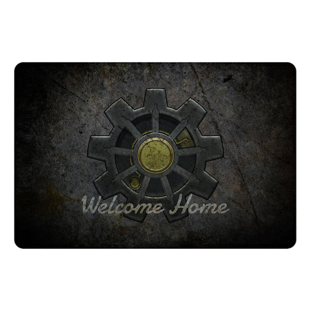 Welcome Home Vault Door Doormat - Gaming Floor Mat-High quality 23.6 x 15.7in (60x40cm) doormat / floor mat. Professionally printed, durable & colorfast fiber top, non-slip. Indoor / outdoor. Free Shipping Worldwide. Unique highly detailed Welcome Home vault door doormat. Great housewarming gift for gamers, fancy fallout shelter or post-apocallyptic party floor decor! -