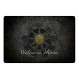 Welcome Home Vault Door Doormat - Gaming Floor Mat-High quality 23.6 x 15.7in (60x40cm) doormat / floor mat. Professionally printed, durable & colorfast fiber top, non-slip. Indoor / outdoor. Free Shipping Worldwide. Unique highly detailed Welcome Home vault door doormat. Great housewarming gift for gamers, fancy fallout shelter or post-apocallyptic party floor decor! -