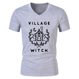 Village Witch Graphic Tee - Unisex V-Neck Shirt - Free Shipping-Black on Heather Gray-XS-