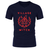 Village Witch Graphic Tee - Unisex V-Neck Shirt - Free Shipping-Red on Navy-XS-