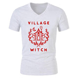 Village Witch Graphic Tee - Unisex V-Neck Shirt - Free Shipping-Red on White-XS-