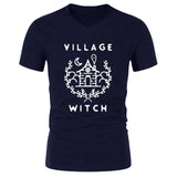 Village Witch Graphic Tee - Unisex V-Neck Shirt - Free Shipping-White on Navy-XS-