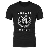 Village Witch Graphic Tee - Unisex V-Neck Shirt - Free Shipping-White on Black-XS-