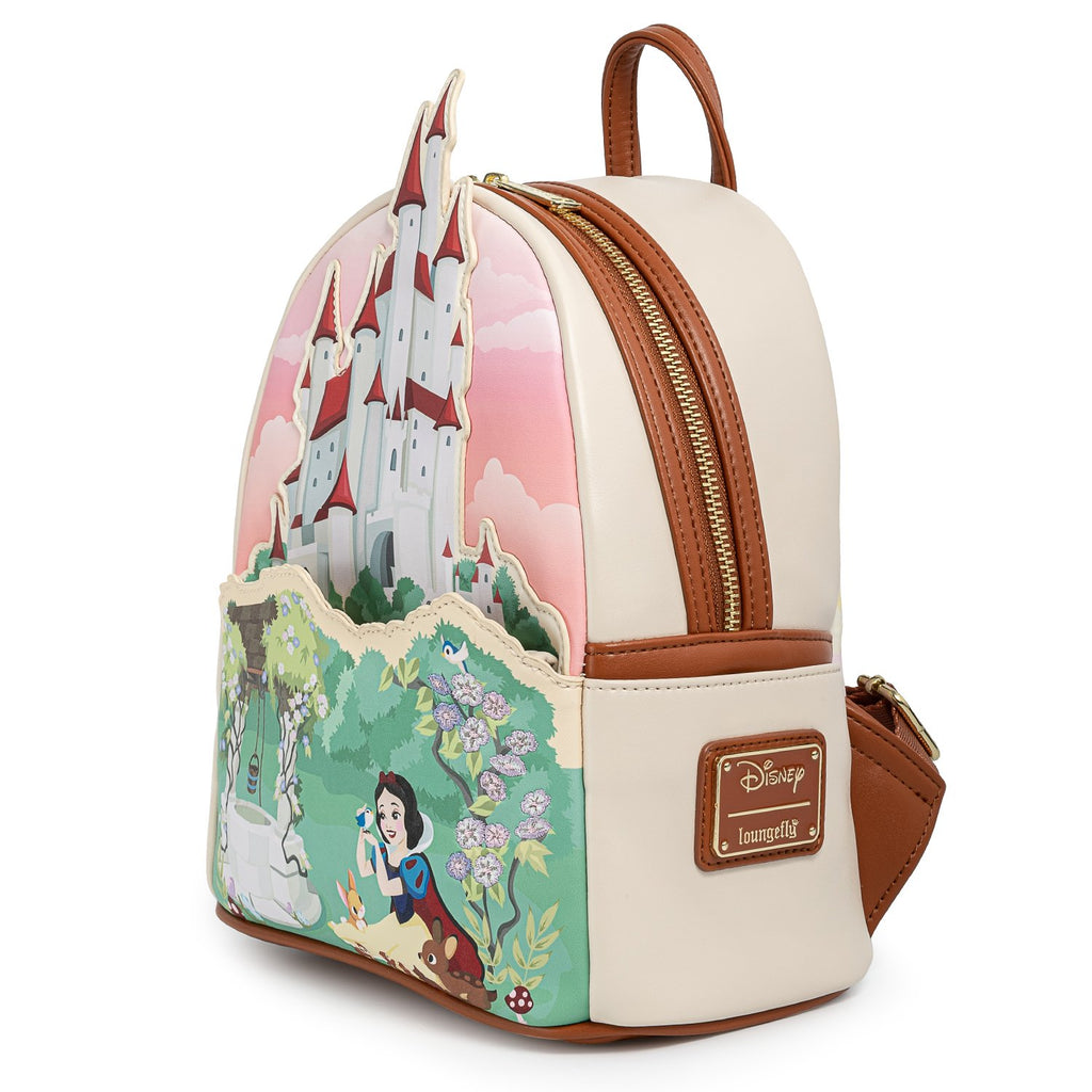 -Vegan faux leather Disney Castle series mini backpack with applique, embroidered, and printed detailing, metal hardware with enamel zipper charm. Suitable for adults and children with adjustable straps. 9x10.5x4.5in Genuine Loungefly, officially licensed-