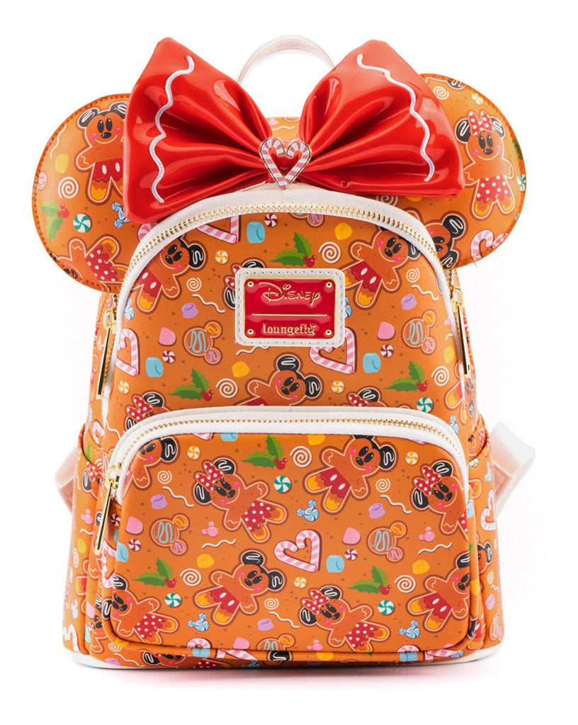 DISNEY Loungefly Minnie Mouse Gingerbread Mini Backpack and Headband Set-Limited edition Disney Christmas themed Gingerbread Minnie Mouse faux leather mini backpack with headband holder and matching headband. 9x10x4.5in, Suitable for both kids and adults with adjustable straps. Genuine Loungefly, officially licensed Disney acc-