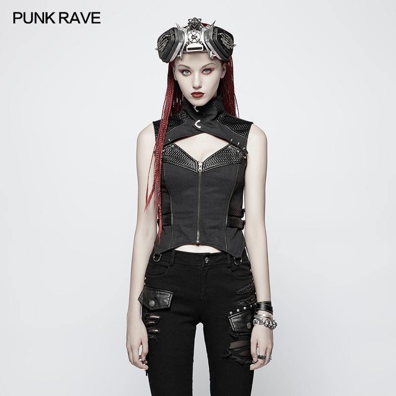 Vulturia Vest Top, Punk Rave Gothic Women's Post-Apocalyptic Warrior -Black-XS-