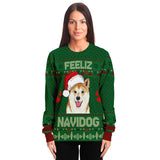 -Funny all-over-print unisex sweatshirt made of soft and comfortable cotton/polyester/spandex blend with brushed fleece interior. Each panel is individually printed, cut and sewn to ensure a flawless graphic that won't crack or peel. Mens womens Christmas feliz navidad doge shiba inu dog xmas humor puppy pullover jumper-