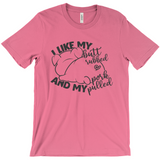 -Soft, comfortable mens/unisex style Airlume combed and ring-spun cotton shirt. Made-to-order and shipped form the USA. Funny dirty naughty bbq barbeque bar-b-que barbecue pork sex joke butt rubbed pig piggy t-shirt boyfriend gift -Charity Pink-Medium (M)-