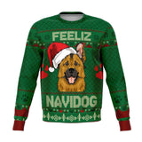 -Funny all-over-print unisex sweatshirt made of soft and comfortable cotton/polyester/spandex blend material with brushed fleece interior! Each panel is individually printed, cut and sewn to ensure a flawless graphic that won't crack or peel. Mens womens Christmas feliz navidad dog xmas humor puppy pullover jumper-