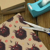 -58" x 23" rolls of high quality 5.93oz gift wrap. Free Shipping. 25% off 2 or more rolls w/code 'WRAPPERSDELIGHT' at checkout. krampus christmas devil fun funny belsnickel bad santa demon goth gothic knecht ruprecht pelznickel horned xmas monster horror scary creepy weird unique unusual trendy designer giftwrap-