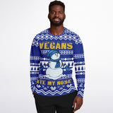 -Funny all-over-print unisex sweatshirt made of soft, comfortable cotton/polyester/spandex blend with brushed fleece interior. Each panel is individually printed, cut & sewn to ensure a flawless graphic that won't crack or peel. 
funny veganism vegetarian winter holiday hanukkah christmas mens womens jumper ugly sweater-