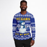 -Funny all-over-print unisex sweatshirt made of soft, comfortable cotton/polyester/spandex blend with brushed fleece interior. Each panel is individually printed, cut & sewn to ensure a flawless graphic that won't crack or peel. funny veganism vegetarian winter holiday hanukkah christmas mens womens jumper ugly sweater-