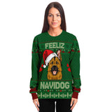 -Funny all-over-print unisex sweatshirt made of soft and comfortable cotton/polyester/spandex blend material with brushed fleece interior! Each panel is individually printed, cut and sewn to ensure a flawless graphic that won't crack or peel. Mens womens Christmas feliz navidad dog xmas humor puppy pullover jumper-