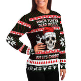 -Funny all-over-print unisex sweatshirt made of soft and comfortable cotton/polyester/spandex blend with brushed fleece interior. Each panel is individually printed, cut and sewn to ensure a flawless graphic that won't crack or peel. Mens womens Christmas pullover jumper ugly sweater print skull skeleton gothic xmas-