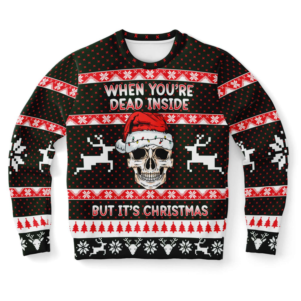 -Funny all-over-print unisex sweatshirt made of soft and comfortable cotton/polyester/spandex blend with brushed fleece interior. Each panel is individually printed, cut and sewn to ensure a flawless graphic that won't crack or peel. Mens womens Christmas pullover jumper ugly sweater print skull skeleton gothic xmas-XS-