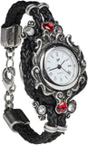 Retired Alchemy Gothic Affiance Watch-An elaborate and delicate looking wrist watch with braided black synthetic leather strap interwoven with the polished Fine English Pewter scroll-work frame which is studded with four clear and two red heart Austrian crystals. Brand New in box with Alchemy Lifetime Guarantee. Retired and Hard to Find. Ships from the USA.-