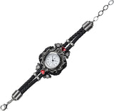 Retired Alchemy Gothic Affiance Watch-An elaborate and delicate looking wrist watch with braided black synthetic leather strap interwoven with the polished Fine English Pewter scroll-work frame which is studded with four clear and two red heart Austrian crystals. Brand New in box with Alchemy Lifetime Guarantee. Retired and Hard to Find. Ships from the USA.-