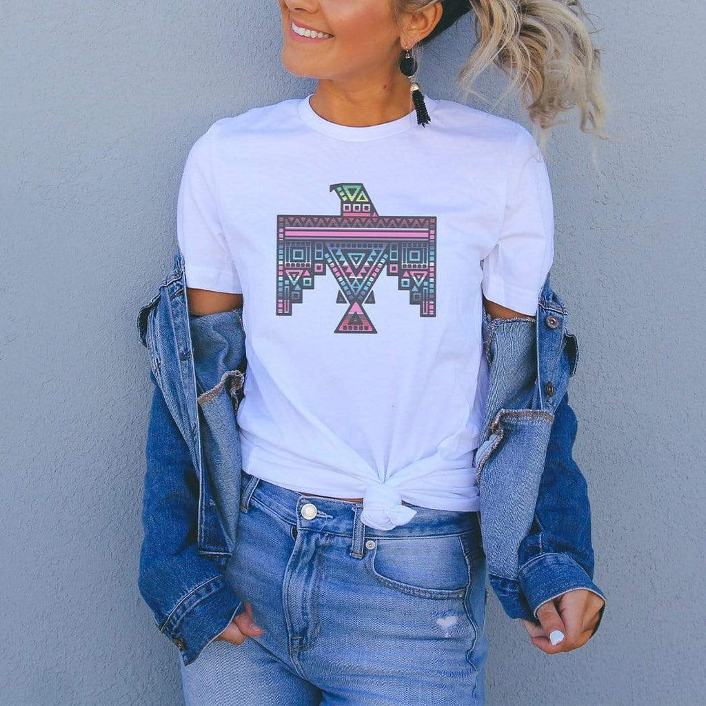 Aztec Eagle Retro Graphic Tee, Unisex-Vintage faded tees with a modern twist! Ultra-soft premium triblend or 50/50 poly cotton unisex shirts. Eco-friendly, water-based ink that directly dyes the fabric for a retro, soft to the touch print. Ships from the USA. Aztec American Southwest southwestern Arizona AZ New Mexico NM Texas TX Oklahoma OK California CA -Unisex XS-White-