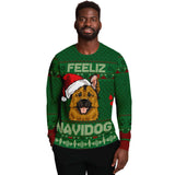 -Funny all-over-print unisex sweatshirt made of soft and comfortable cotton/polyester/spandex blend material with brushed fleece interior! Each panel is individually printed, cut and sewn to ensure a flawless graphic that won't crack or peel. Mens womens Christmas feliz navidad dog xmas humor puppy pullover jumper-