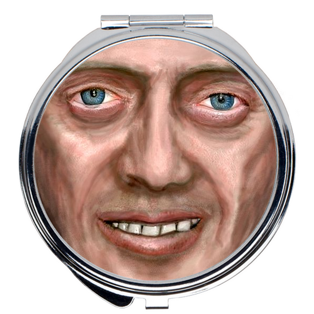 -Compact mirrors in choice of two shapes, 2" round or 2.25" rounded square. Dual mirrors with a sturdy silver outer frame. Vibrant printed image with durable, scratch resistant coating! Made to order, shipped from the USA. funny creepy weird buscemi eyes meme face beauty portable makeup mirror gift-Round-2x2 inch-