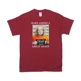 MAGA Mugshot Tee - Make America Great Again... Lock Him Up!-Soft 100% cotton Gildan fitted unisex graphic t-shirt. Made-to-order & shipped from the USA. Trump for Prison, Criminal fascist treason January 6th 2021 capitol riot incitement sedition, insurrection, corrupt complicit GOP, pandemic politics Save Democracy VOTE Anti-Trump political protest tee -Cardinal Red-Small (S)-