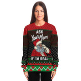 -Funny all-over-print unisex sweatshirt made of soft and comfortable cotton/polyester/spandex blend with brushed fleece interior. Each panel is individually printed, cut and sewn to ensure a flawless graphic that won't crack or peel. Mens womens Christmas pullover jumper ugly sweater santa claus your mom mommy joke-