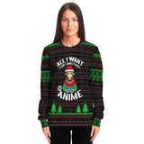 -Funny all-over-print unisex sweatshirt made of soft and comfortable cotton/polyester/spandex blend with brushed fleece interior. Each panel is individually printed, cut and sewn to ensure a flawless graphic that won't crack or peel. Mens womens Christmas pullover jumper ugly sweater print funny anime joke japanophile-