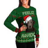 -Funny all-over-print unisex sweatshirt made of soft and comfortable cotton/polyester/spandex blend with brushed fleece interior!. Each panel is individually printed, cut and sewn to ensure a flawless graphic that won't crack or peel. Mens womens Christmas feliz navidad dog xmas humor lab labbie puppy pullover jumper-