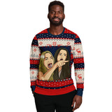 -Funny all-over-print unisex sweatshirt made of soft and comfortable cotton/polyester/spandex blend with brushed fleece interior. Each panel is individually printed, cut and sewn to ensure a flawless graphic that won't crack or peel. Mens womens Christmas pullover jumper ugly sweater print memes couple matching joke. -