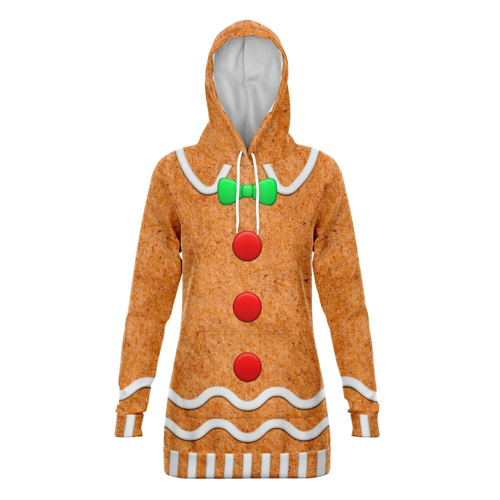 Funny Gingerbread Man Longline Hoodie, Unisex Adults Hooded Sweatshirt-Funny and festive Gingerbread Man longline hoodie. Extra long unisex adult polyester hoodie with detailed high definition classic holiday costume print, drawstring hood and kangaroo pocket. XS, Small, Medium, Large, XL, 2XL, 3XL and 4XL. Made-to-order. 2 weeks to USA. cute, comfortable casual Christmas cookie cosplay.-XS-