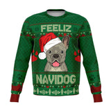 -Funny all-over-print unisex sweatshirt made of soft and comfortable cotton/polyester/spandex blend material with brushed fleece interior! Each panel is individually printed, cut and sewn to ensure a flawless graphic that won't crack or peel. Mens womens Christmas feliz navidad dog humor frenchie puppy pullover jumper-