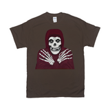 Crmson Ghost Graphic Tee, Classic Horror Icon, Small to 5X, Low Prices-100% cotton Gildan fine jersey fitted unisex tee. 3-5 days from USA. Crimson Ghost classic serial horror film icon. Skeleton with hooded skull, crossed skeletal hands. This skull faced fiend is the perfect grim reaper for punk rock pirates and misfits though few today would desire a post Cyclotrode X world. Haloween-Dark Chocolate-Small (S)-