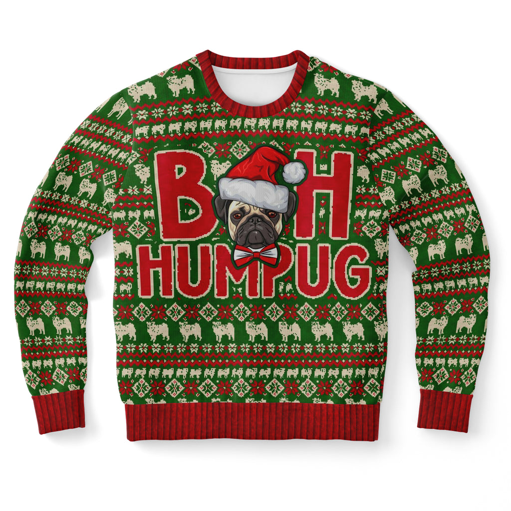 -Funny all-over-print unisex sweatshirt made of soft and comfortable cotton/polyester/spandex blend with brushed fleece interior. Each panel is individually printed, cut and sewn to ensure a flawless graphic that won't crack or peel. Mens womens Christmas pullover pug dog puppy xmas holiday pun joke humbug grinch-XS-