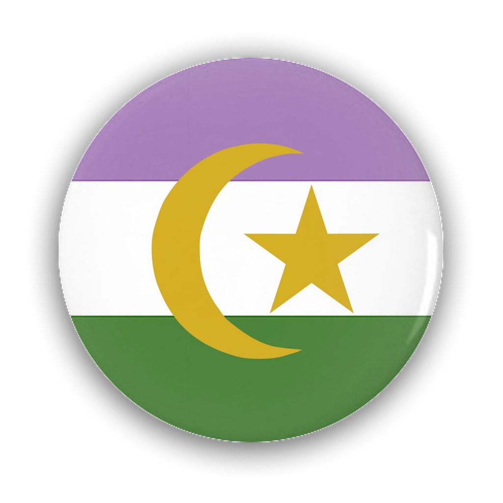 Genderqueer Muslim Pride Buttons LGBTQX LGBTQ LGBTQIA Intersectional-High quality scratch and UV resistant mylar & metal pinback button. 1.25, 2.25 or 3 inches. Custom made Genderqueer Muslim LGBTQ LGBTQIA LGBTQX Intersectional GQ Non-Binary Gender Nonconforming Queer Intersectional Identity Pride Pin Badge - Visibility, Representation, Rights and Equality. -1.25 inch Round Button-