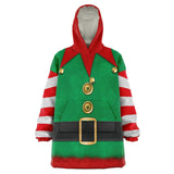 Christmas Elf Costume Snug Blanket Hoodie, One Size Minky Micro Fleece-Fun and festive Elf costume pattern one-size fits all wearable blanket. Snuggle blanket hoodie with silky smooth micro-mink polyester exterior and ultra soft microfiber fleece interior lining. Quality, high definition holiday helper all over print design. Snuggle up and stay in, warm blanket when the weather turns cold-ONSIZE-