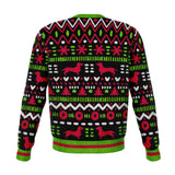 Funny Dachshund Through The Snow Ugly Christmas Sweater Dog Sweatshirt-Funny premium AOP (all over print)Dachshund Through The Snow sausage dog pun ugly sweater print holiday jumper / sweatshirt. Unisex adult XS, Small, Medium, Large, XL, 2XL, 3XL and 4XL. Made-to-order. 2 weeks to the US. Great humorous doxxin doxin doxie doxxie puppy breeder lover dashing doggie winter Christmas gift. -